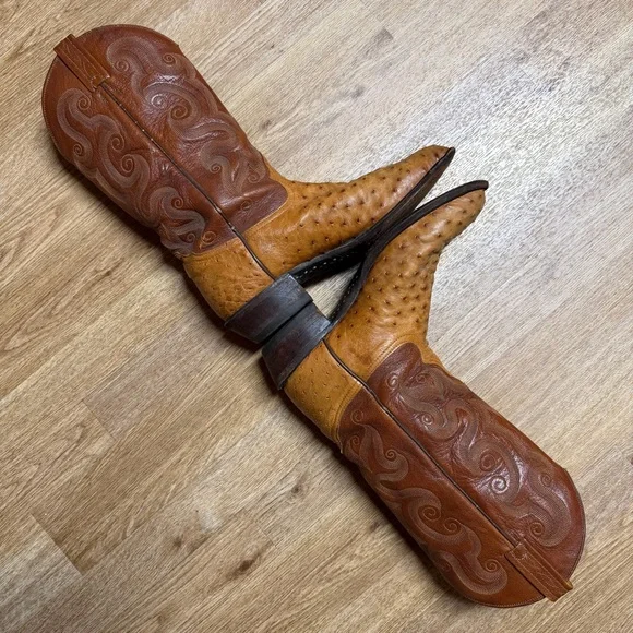 Tony Lama Peanut Brittle Full Quill Ostrich Round Toe Western Boots 9D Exotic - Picture 4 of 16